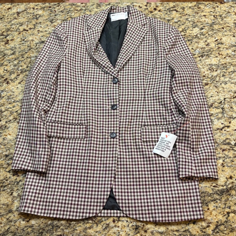 NEW ASOS DESIGN Womens Burgundy Gingham Check Longline Blazer Jacket US 0
